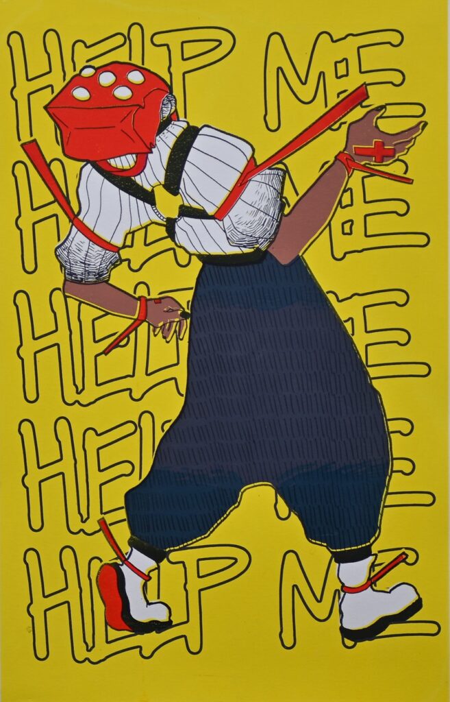 A print depicting a restrained figure atop repeated text reading "help me".