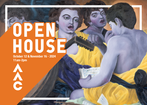 An abstract painting with three blue figures dressed in yellow, and text that reads Open House October 12 and November 16 2024