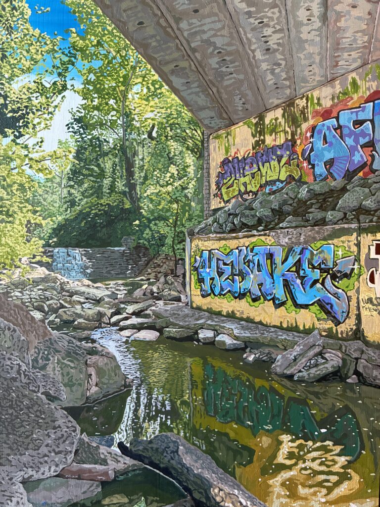 Ross Bicknaver painting of graffiti under a bridge