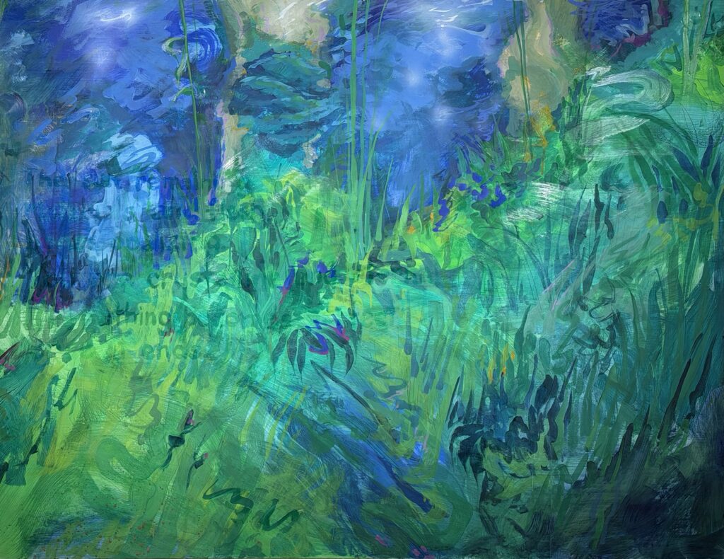 blue and green painting of botanicals