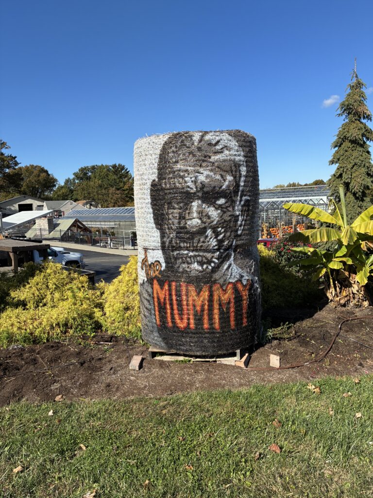 painting of a mummy on a hay bail