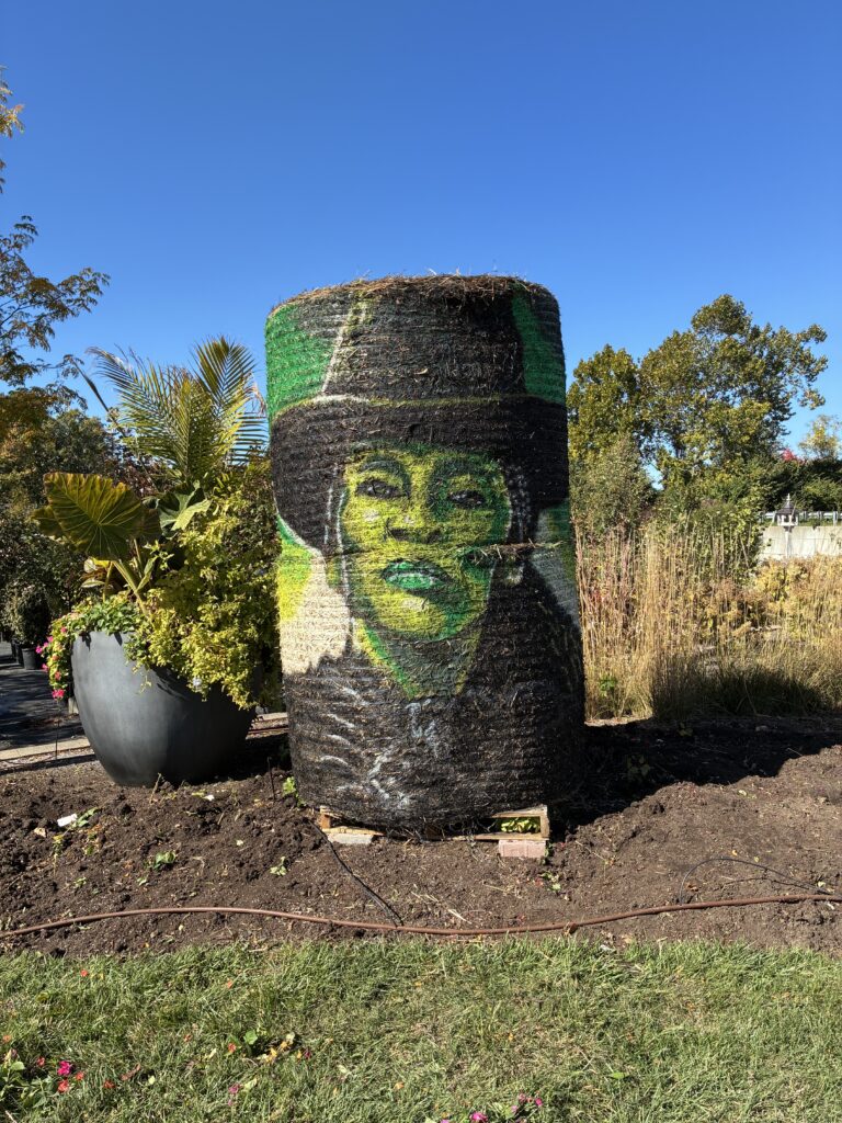 painting of a green witch on a hay bail
