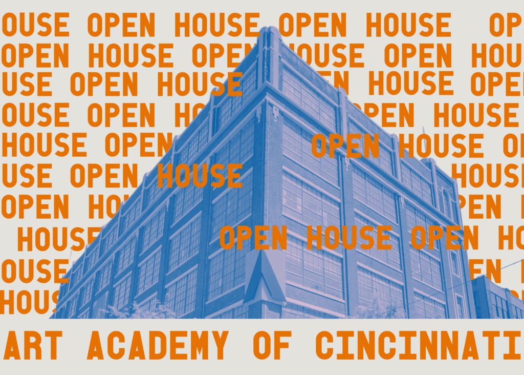 blue and orange building graphic reading open house
