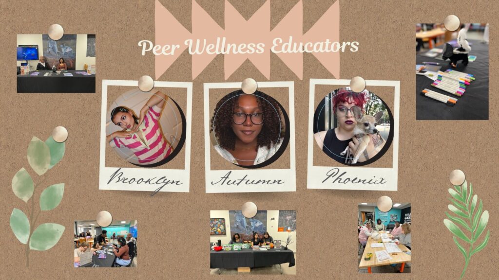 graphic of a cork board with three student peer wellness educators photos