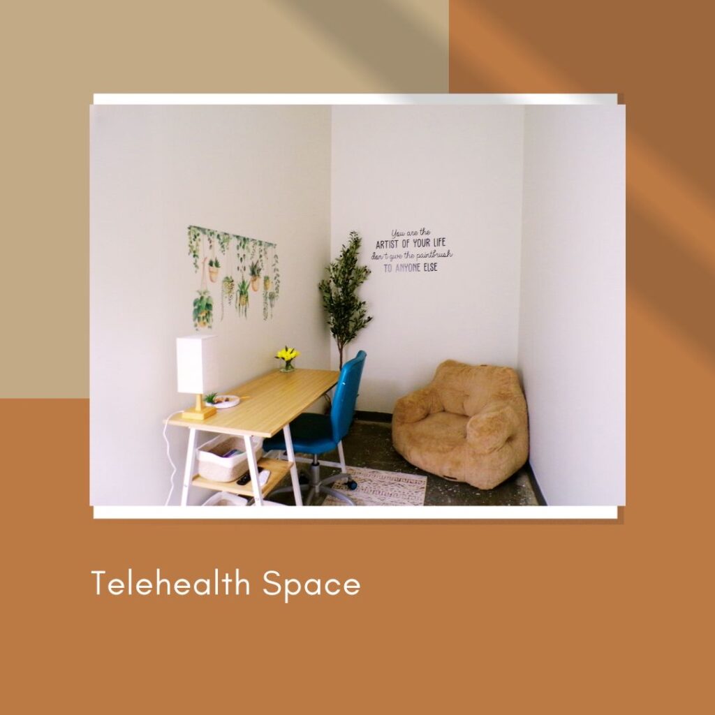photo of a desk and chair in a small cozy room reading Telehealth Space
