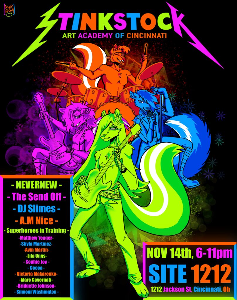 poster design of colorful cartoon animals playing instruments, stink stock poster design