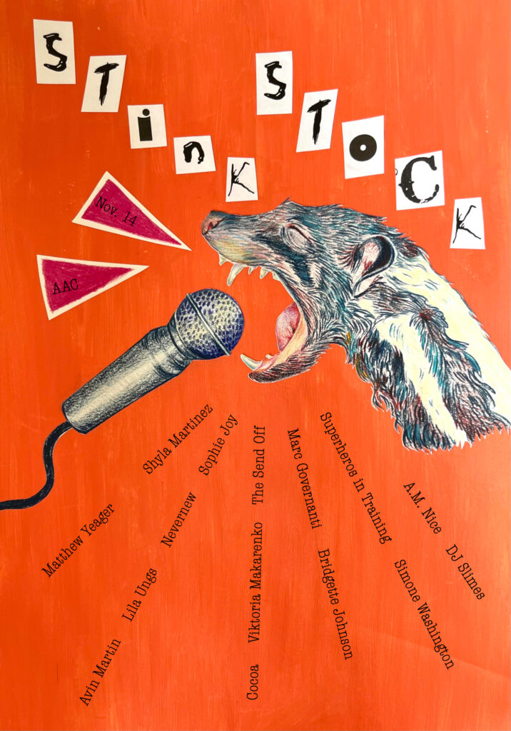 poster design of skunk yelling into a mic, stink stock poster design