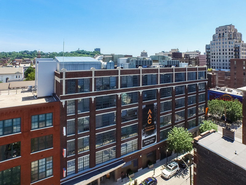 drone shot of a large building in an urban area