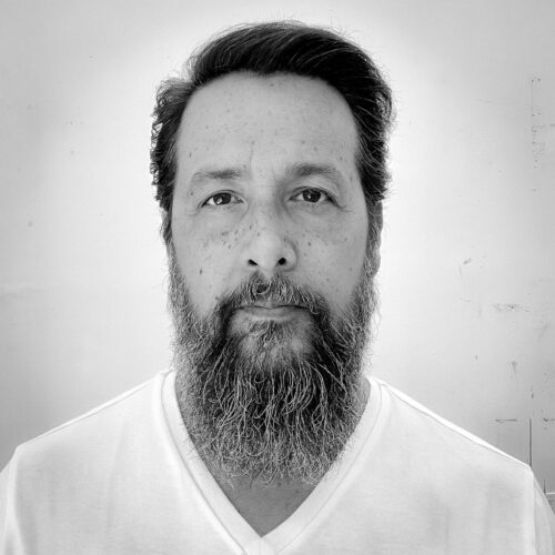 black and white photo of a man with a beard