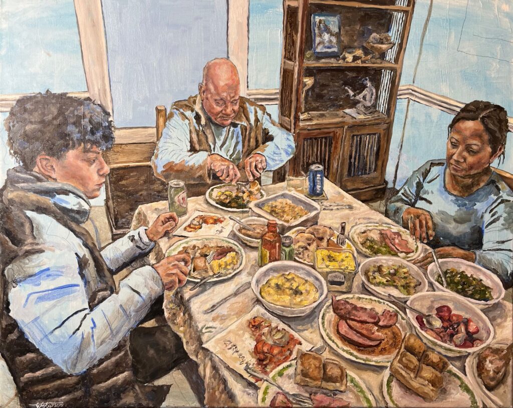 painting of a family eating a large meal
