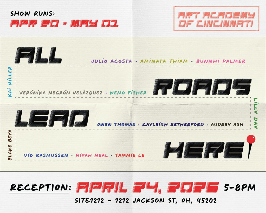 postcard image for the thesis exhibition "All Roads Lead Here" depicting text on a folded piece of paper