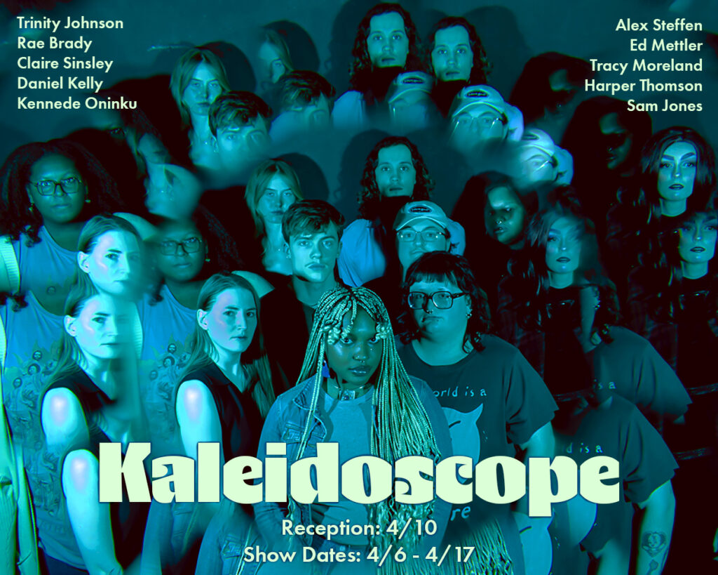 postcard image for the thesis exhibition "Kaleidoscope" showing a group of art students in blue colors