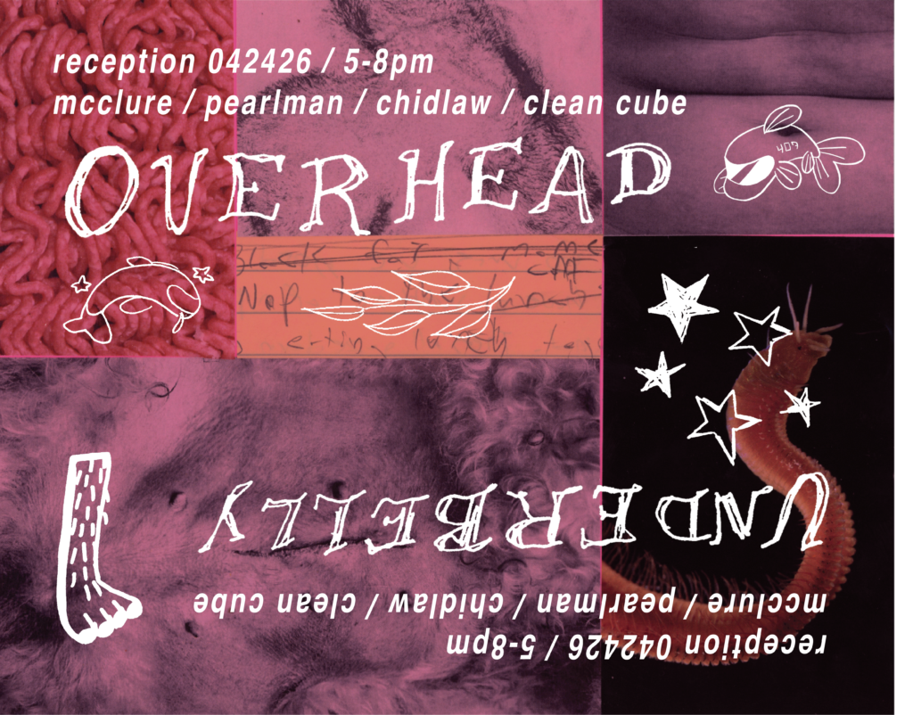 postcard image for the thesis exhibition "Overhead Underbelly" depicting details of organic forms in purple tones