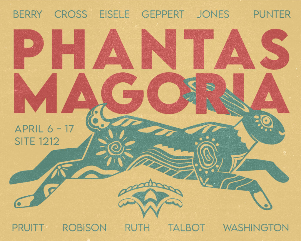 postcard image for the thesis exhibition "Phantasmagoria" depicting a graphic patterned rabbit in teal on a mustard yellow ground