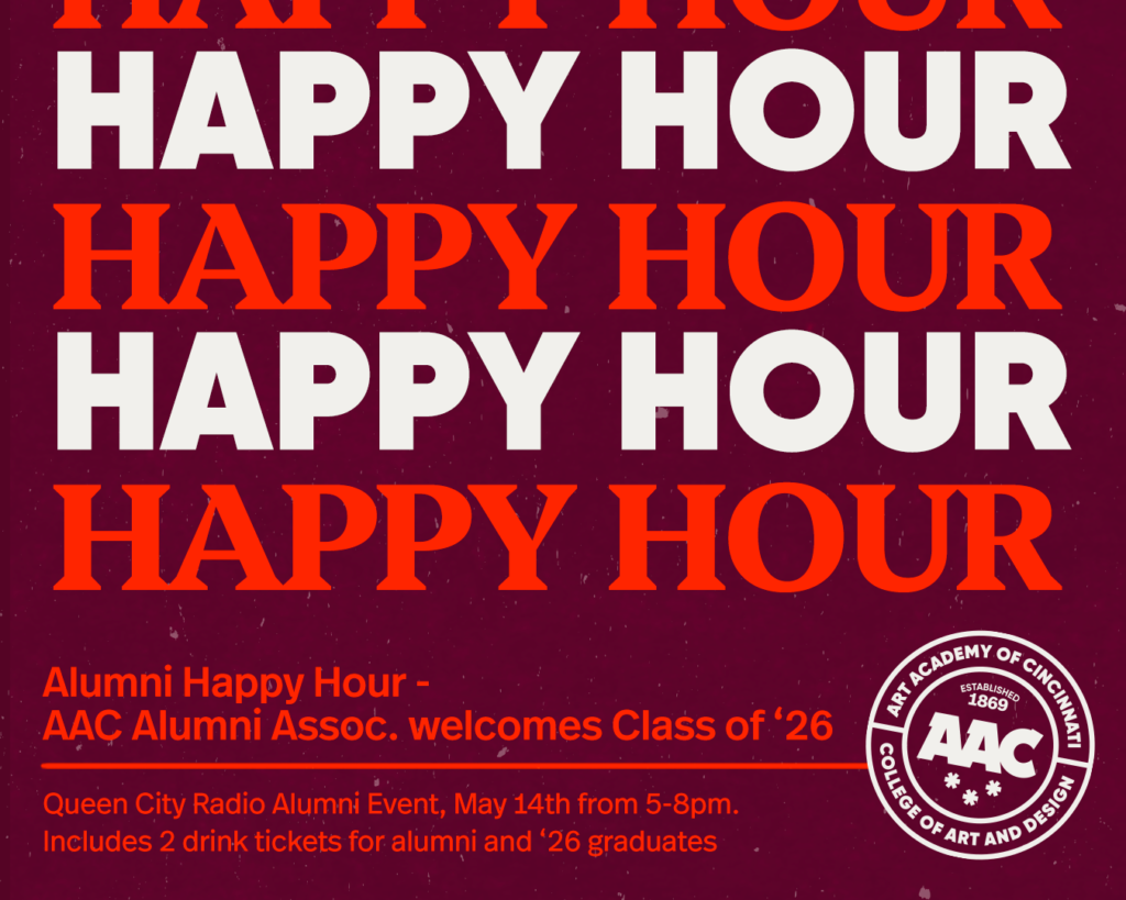 dark red event graphic reading "Happy Hour"