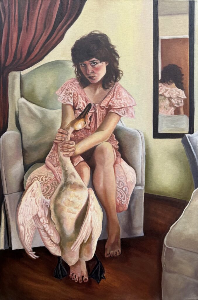 painting of a woman on a chair holding a swan