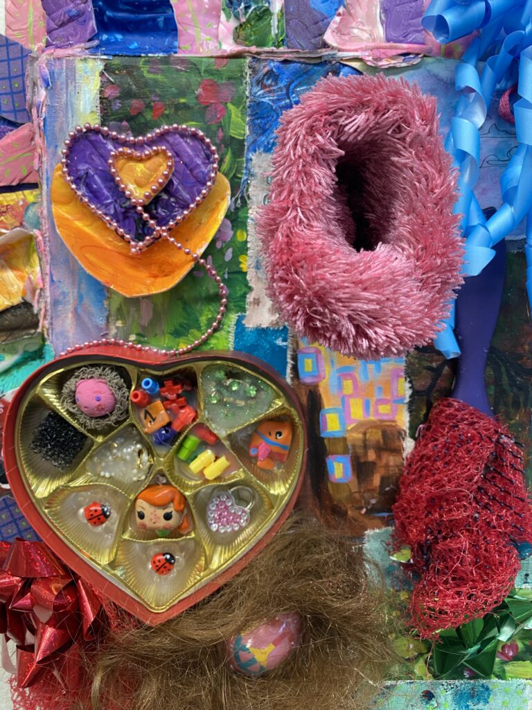 colorful painting and object collage by crissy collopy