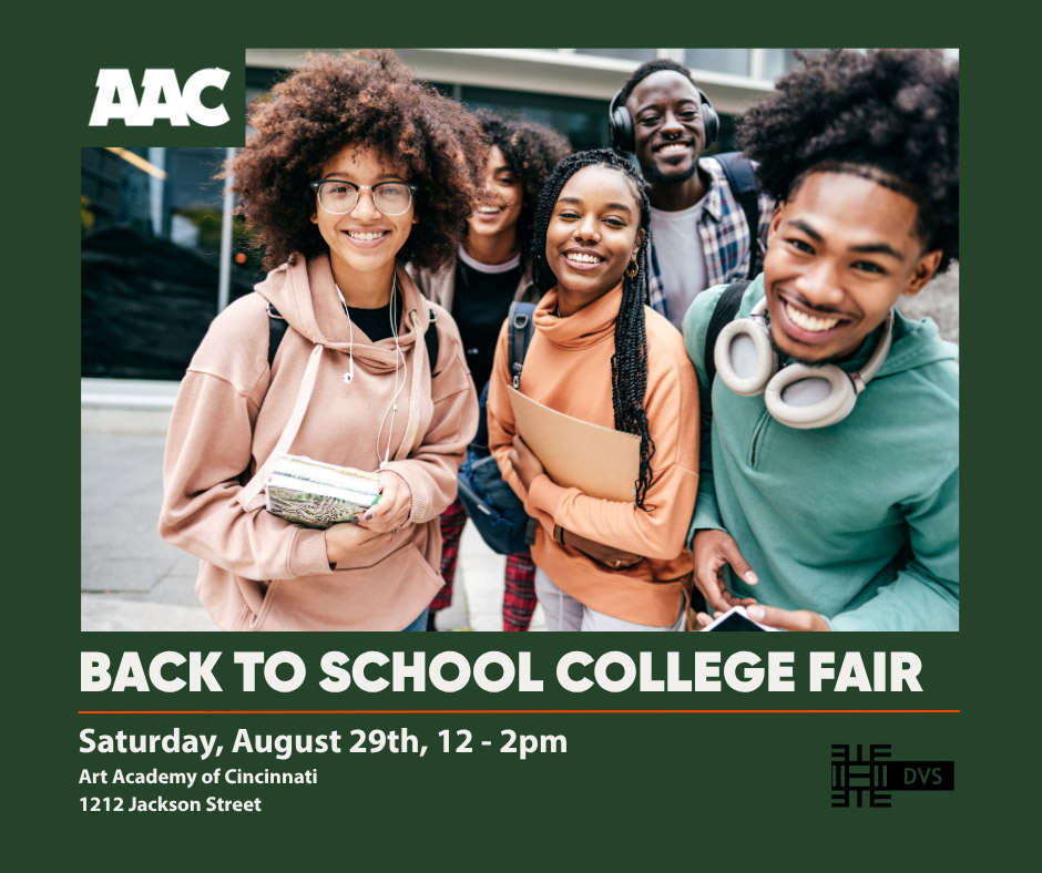 five college kids smiling with text reading "Back to school college fair"