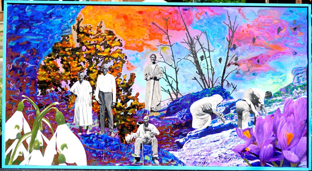 collage of nature and black and white figures by Trudy Gaba