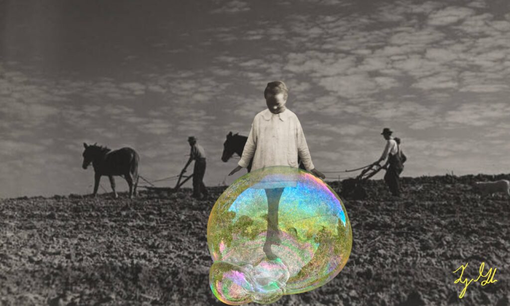 collage of nature and black and white figures by Trudy Gaba
