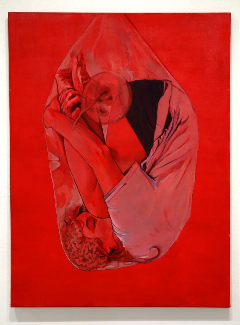 red painting with a figure in a bag