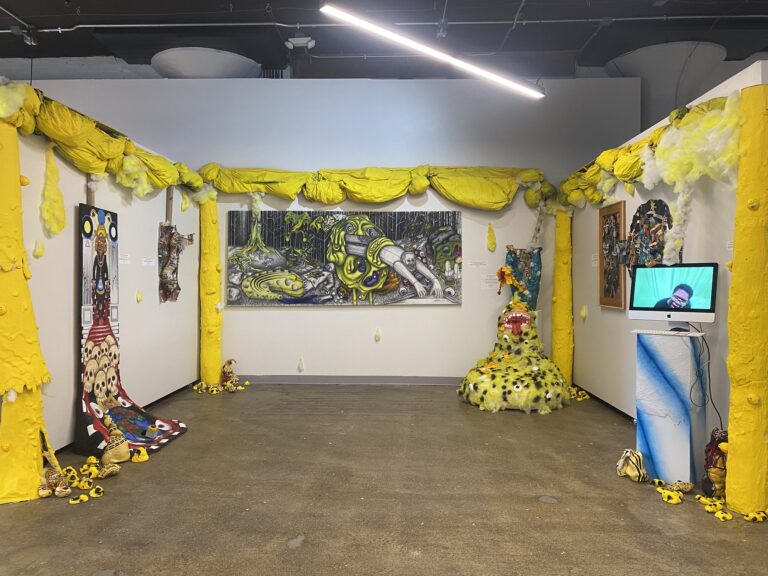 mixed media drawings, paintings, and sculpture