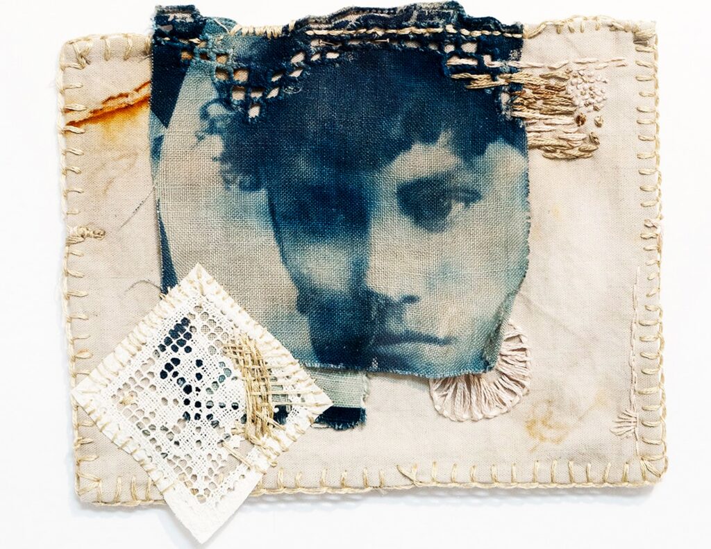 textile art with blue face by Angela Kahoali’i Casagrande