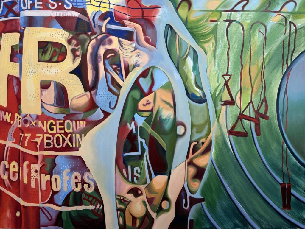 large abstract painting in red and green