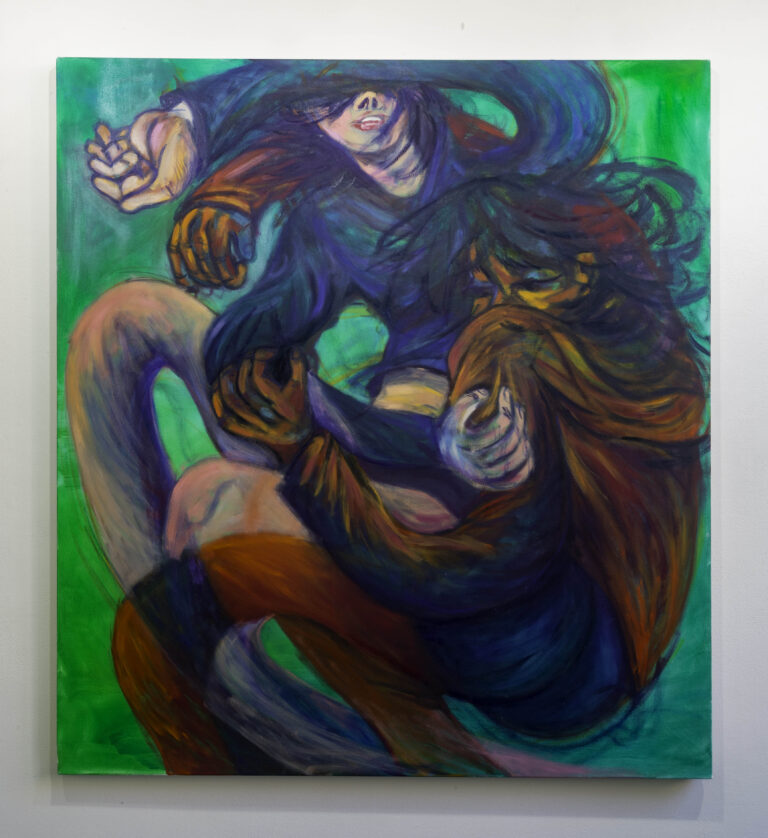 abstract painting of two figures in greens, blues and reds