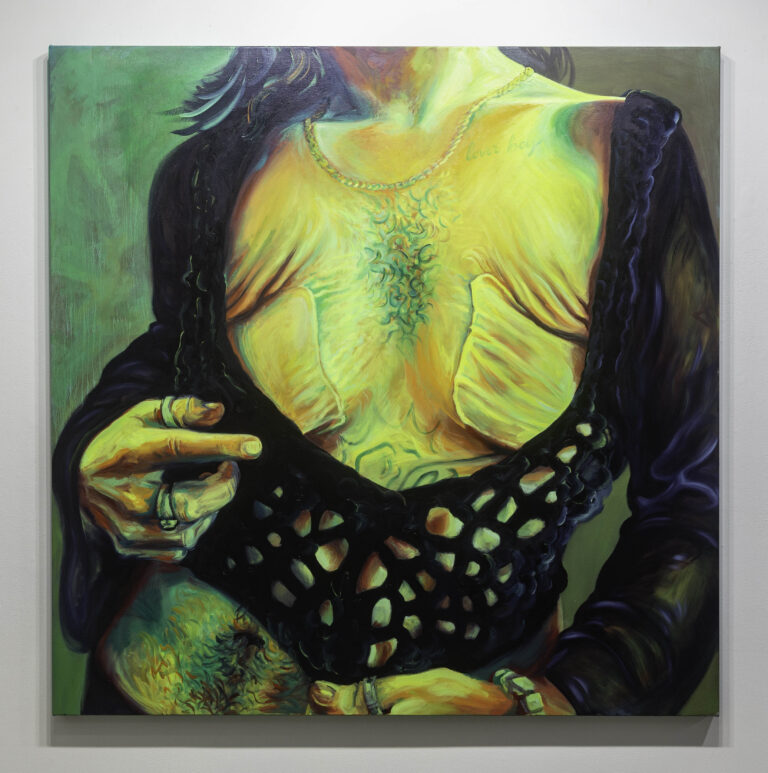 yellow and green painting of a cropped figure