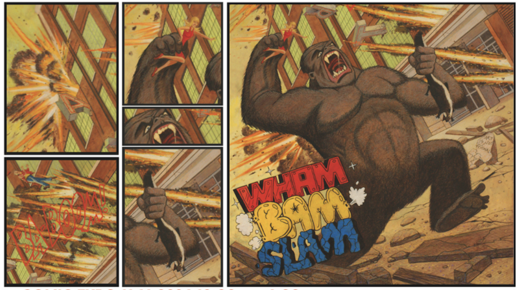 A gorilla holding a skunk is running in front of the Art Academy of Cincinnati.