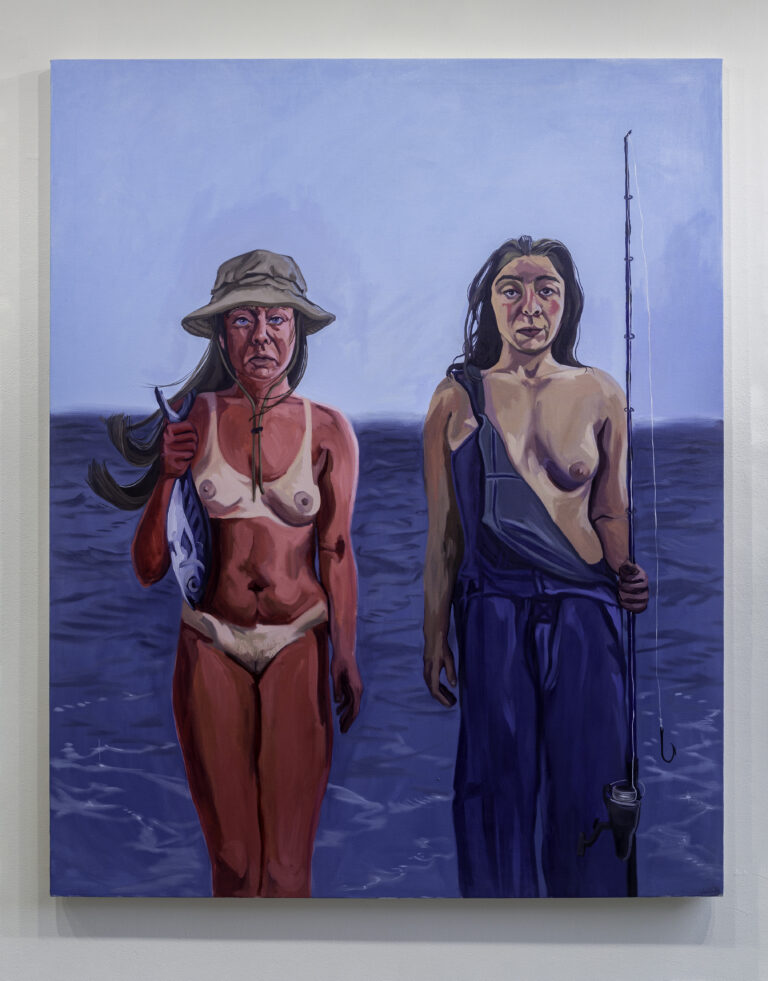 painting of two women fishing, after American Gothic