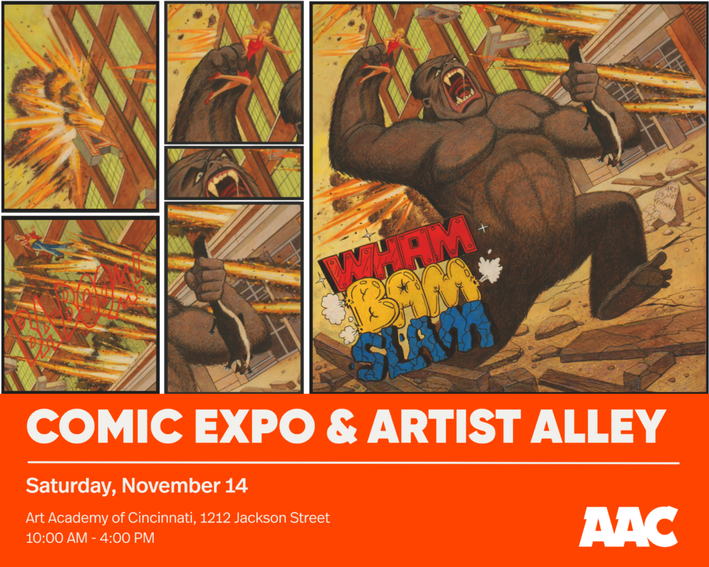 Artwork is shown - Kong attacking the Art Academy with the text "Wham! BAM! SLAM! Underneath it, displaying the Comic Expo & Artist Alley are on Nov. 14th from 10 am - 4 pm.