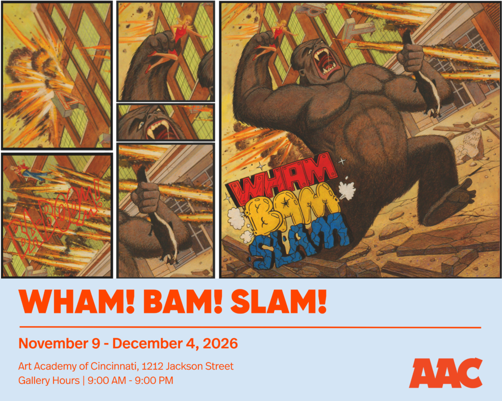 Artwork is shown - Kong attacking the Art Academy with the text "Wham! BAM! SLAM! Underneath it, showing the exhibition is from Nov 9 - Dec 4.